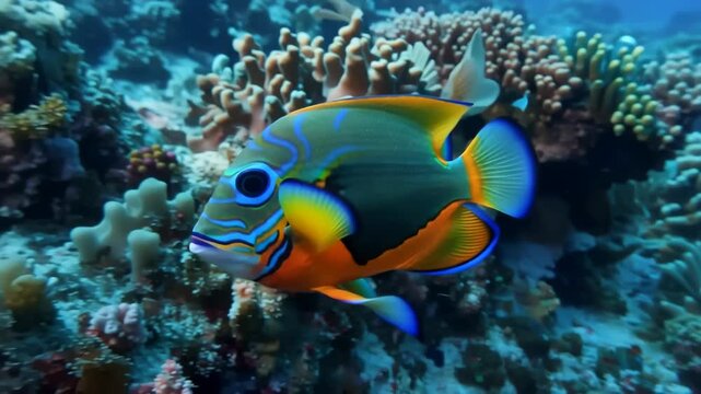 Majestic regal angelfish swimming amidst vibrant coral reef ecosystem deep underwater environment for marine life and scuba diving adventures