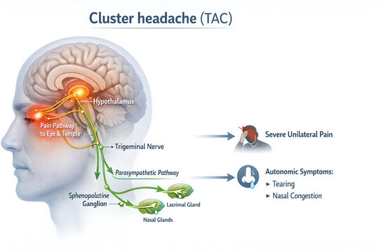 Photorealistic 3D medical: Cluster headache (TAC): head silhouette with semi-transparent brain highlighting hypothalamus, trigeminal pathway to orbital/temporal region, parasympathetic outflow