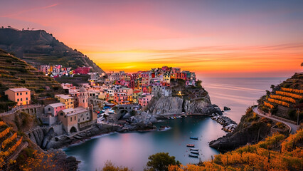 Fototapeta premium Manarola Italy Coastal Village at Sunset with Colorful Buildings and Calm Sea