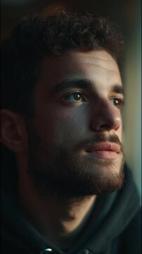 Thoughtful young man with a beard gazing upwards, bathed in soft light, evoking introspection and hope