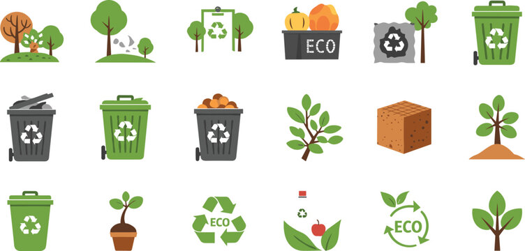 Sustainable environment icon set featuring recycling bins compost box green trees and eco logos for waste management reforestation and nature conservation projects