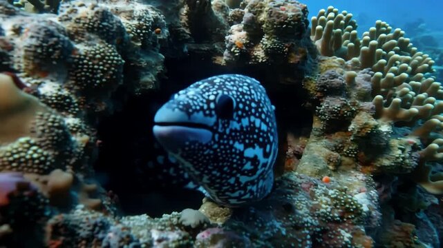 Moray eel emerging from coral reef shelter underwater marine life close up tropical aquatic wildlife