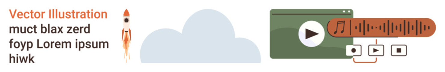 Digital media, cloud storage, streaming services, content creation, sound editing, online platforms. A cloud, a media player and audio elements. Digital media and cloud storage