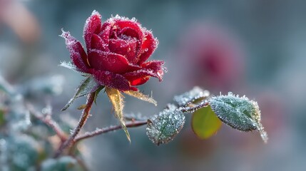 Frozen Red Rose and Frost-Kissed Leaves in Winter Garden.