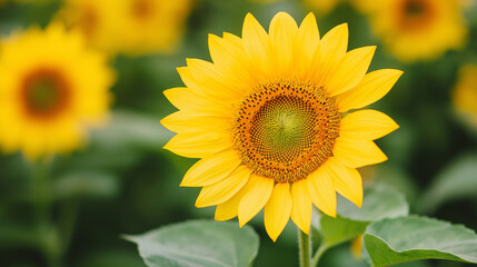 Obraz premium Single yellow sunflower head with green leaves. Helianthus annuus bloom in garden. Spring nature symbol
