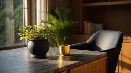Fototapeta premium Sunlit desk with a green potted plant and golden cup in a sophisticated study room