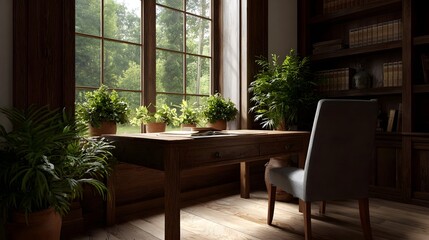 Fototapeta premium A tranquil wooden study room with a desk chair and lush plants bathed in natural light from a large window offering a forest view