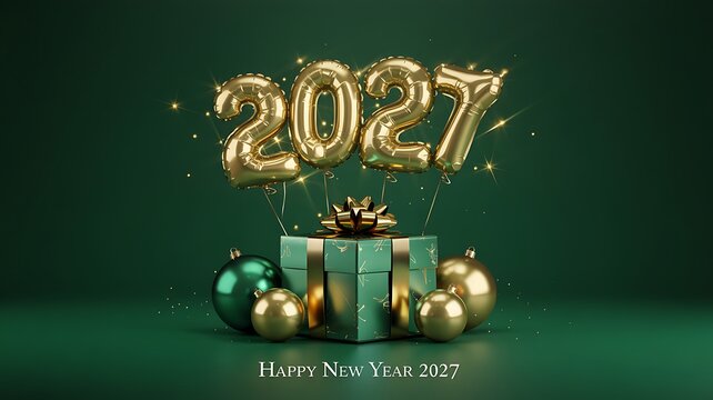 Festive happy new year 2027 background with golden balloon and gift box decoration