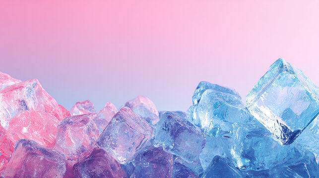 Frozen Crystals: A stunning close-up of translucent ice cubes artfully arranged, reflecting a spectrum of colors and textures.