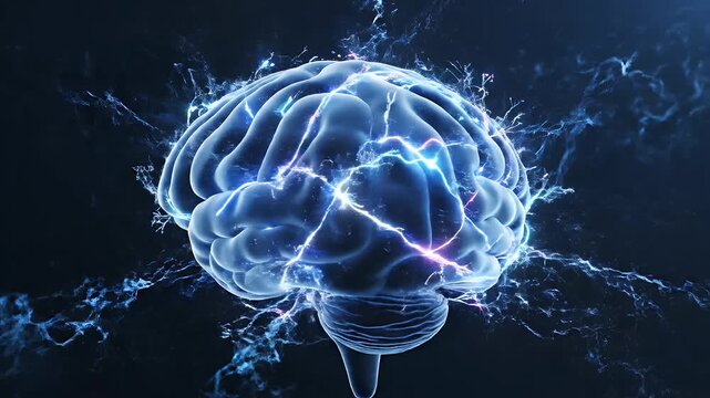 Brain Activity Simulation - A stylized 3D video of a human brain is shown against a dark background, with electric arcs emanating from its surface.