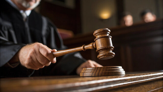 A judge&rsquo;s hand firmly grips a wooden gavel poised over a sound block in a courtroom, symbolizing the authority of the judicial system and the decisive moment of a legal verdict in the United States.