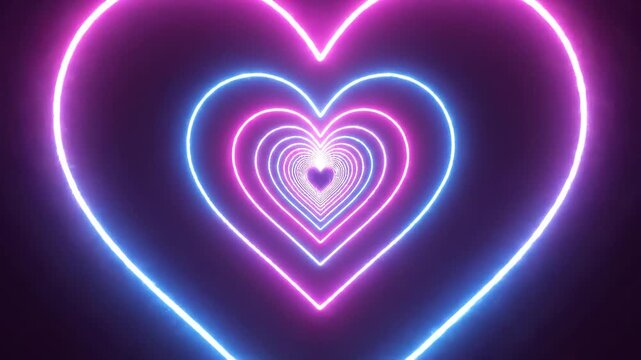 Glowing Neon Heart Tunnel Background with Pink and Blue Lights, Romantic Futuristic Loop Animation
