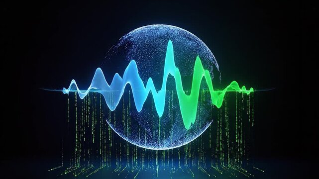 Digital sphere sound wave and binary code representing global data communication and ai technology