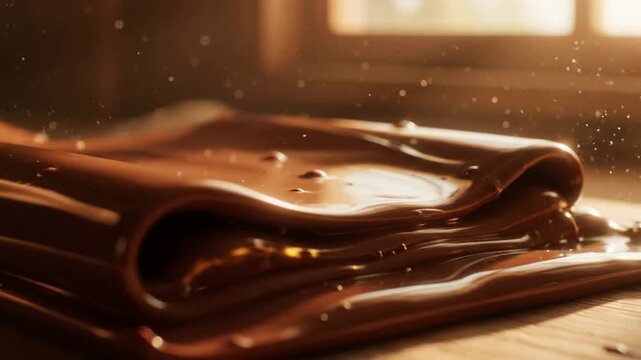 Close up of chocolate flowing on a surface in a setting or Macro of chocolate spread on a surface in a setting