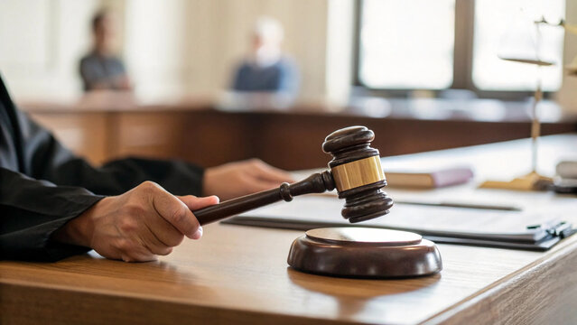 A judge&rsquo;s hand holds a wooden gavel poised over a sound block in a bright courtroom, representing the official process of rendering legal decisions and maintaining order within the American system.