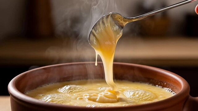 Close-up of hot, gooey cheese being lifted from a steaming fondue pot