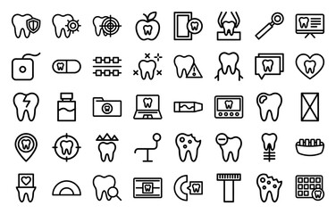 Comprehensive dental healthcare icon collection. Heavyweight vector pictograms of molars, braces, implants, x-ray, floss, and drill in a thick outline style.