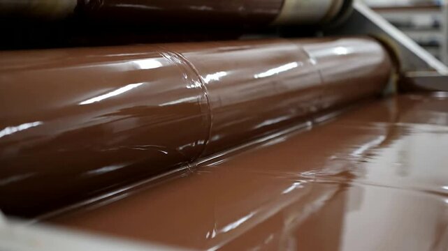 Close up of chocolate flowing through rollers in factory or Low angle of liquid chocolate coating a surface in process