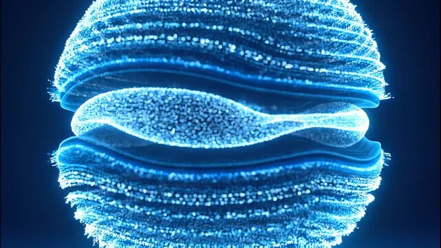 Luminous particle sphere dividing with undulating waves and glowing blue digital data on a dark background in a cgi animation