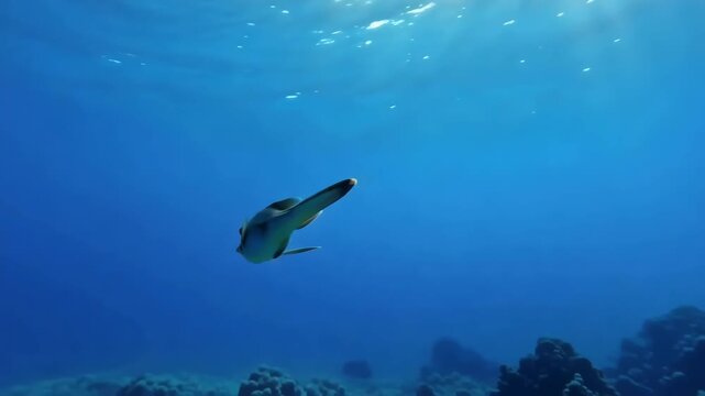 Swimming batfish exploration in clear blue ocean water near coral reefs with sunbeams filtering through the surface