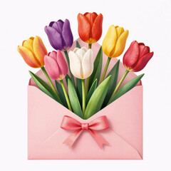 Fototapeta premium bouquet of spring flowers, tulips in a letter envelope on a white background, international Women's Day, birthday, vector graphics, artificial intelligence generator, AI, neural network image. backgro