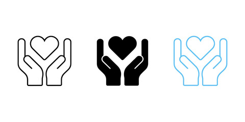 Hands holding heart icons in black white and blue on white background