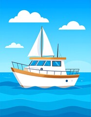 Fototapeta premium Cartoon sailboat floats on bright blue waters with puffy white clouds, a sunny nautical scene