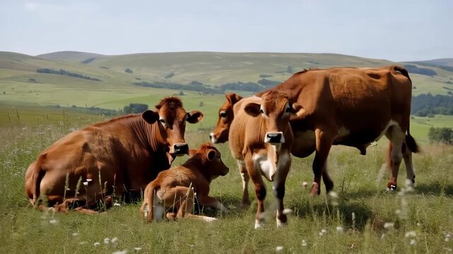 Tranquil scene of jersey cows grazing in a lush green meadow under a bright blue sky with rolling hills