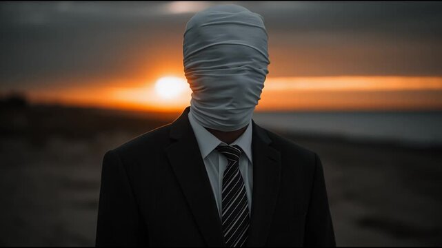 Faceless anonymous businessman with a bandaged head standing alone in a desolate landscape during a stunning sunset