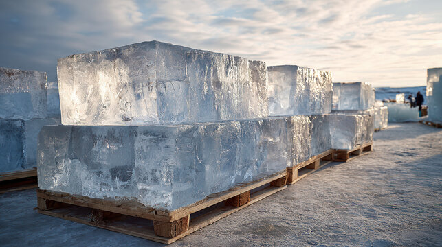 Frozen Cubes on the Pallet: Large blocks of ice, harvested from the glacial expanse, sit neatly stacked on wooden pallets under a cold sky, symbolizing the raw power of nature.
