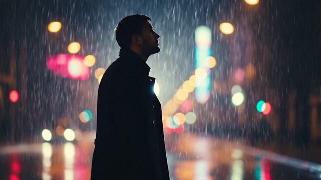 Silhouette of a pensive man standing in the rain on a city street at night with blurred colorful bokeh lights in the background.