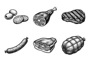 Vintage woodcut style collection of assorted meat products featuring steak, ham, sausage, and salami slices in a hand drawn engraving aesthetic.