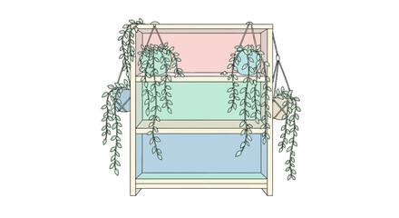 Colorful Plant Stand with Hanging Plants Illustration.