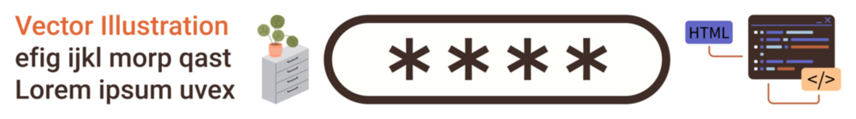 Obraz premium Cybersecurity, data safety, secure access, online privacy, web development, authentication. A password field with coding and HTML icons. Cybersecurity and data safety visualization