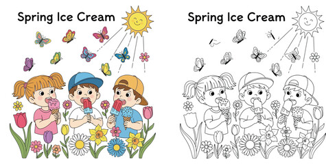Obraz premium Kids Enjoying Spring Ice Cream and Popsicles with Flowers and Butterflies - Coloring Page