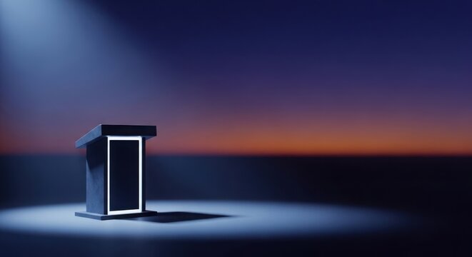 Modern podium standing alone in dark space with spotlight and gradient sky