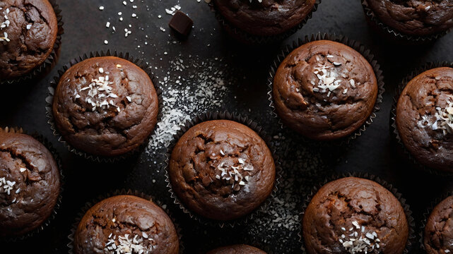 Chocolate muffins with powdered sugar top view flat lay