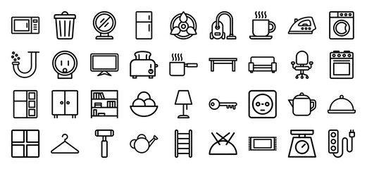 Home appliances and household furniture icon collection. Heavyweight vector pictograms of microwave, refrigerator, toaster, vacuum, and laundry machine, thick outline style.