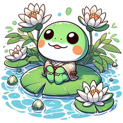 A frog enjoying quiet time with a soft smile