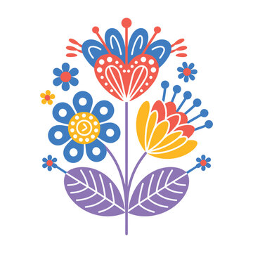 Stylized floral arrangement featuring bold colors and simple shapes