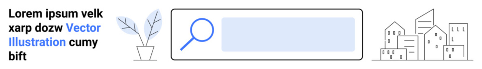 Web design, search tools, urban planning, online services, technology interfaces, navigation aids. Clean layout showing a magnifying glass, minimalist foliage and city buildings. Web design