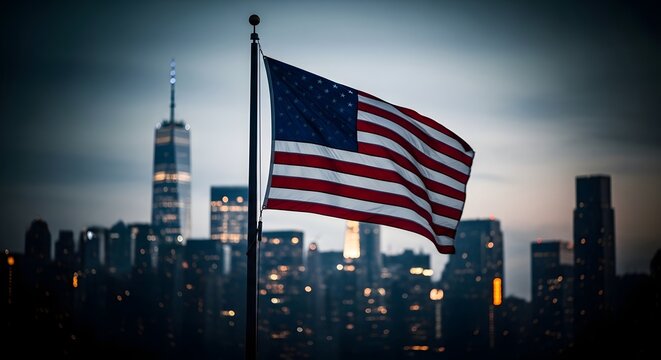 American flag waving in front of new york city skyline at dusk