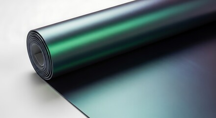 A rolled sheet of iridescent material with shimmering green and blue hues on a plain surface viewed from an angle img_axbldj_fx