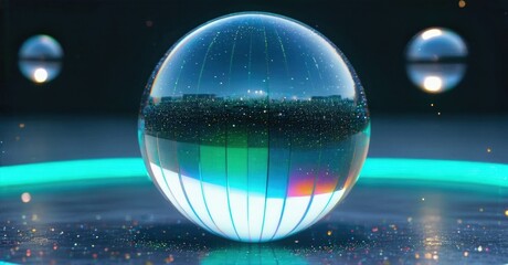 Fototapeta premium Glowing sphere contains cityscape reflection. Blue light surrounds object, creating futuristic scene. Two blurred orbs visible background.