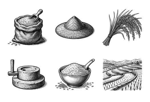 Vintage woodcut style illustration set featuring rice cultivation elements including terraced fields, grain sacks, harvesting tools, and traditional bowls.