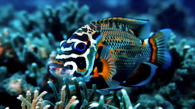 Vibrant harlequin filefish swimming in coral reef habitat displaying intricate patterns and iridescent colors in natural aquatic environment for educational content