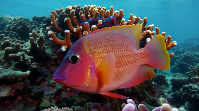 Vibrant hogfish swims through thriving coral reef ecosystem marine wildlife underwater scenery tropical ocean aquatic life diverse marine environment