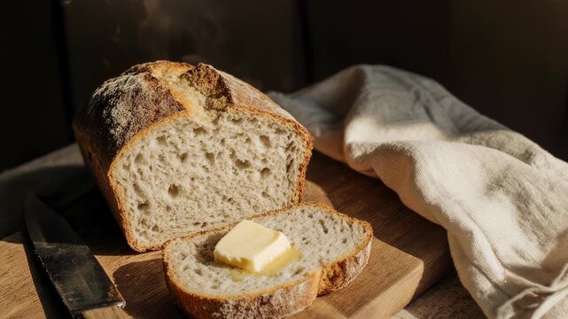 A rustic loaf of bread with a buttered slice on a wooden board
