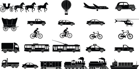 Transportation Vehicle Silhouette Vector Collection Cars Trucks Buses Airplane Bicycle Train Ship and Vintage Carriage Black Icons Set © Arzina