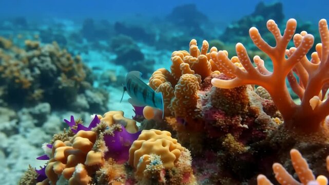 Vibrant underwater world with colorful corals and a striking blue fish exploring its habitat in clear tropical waters